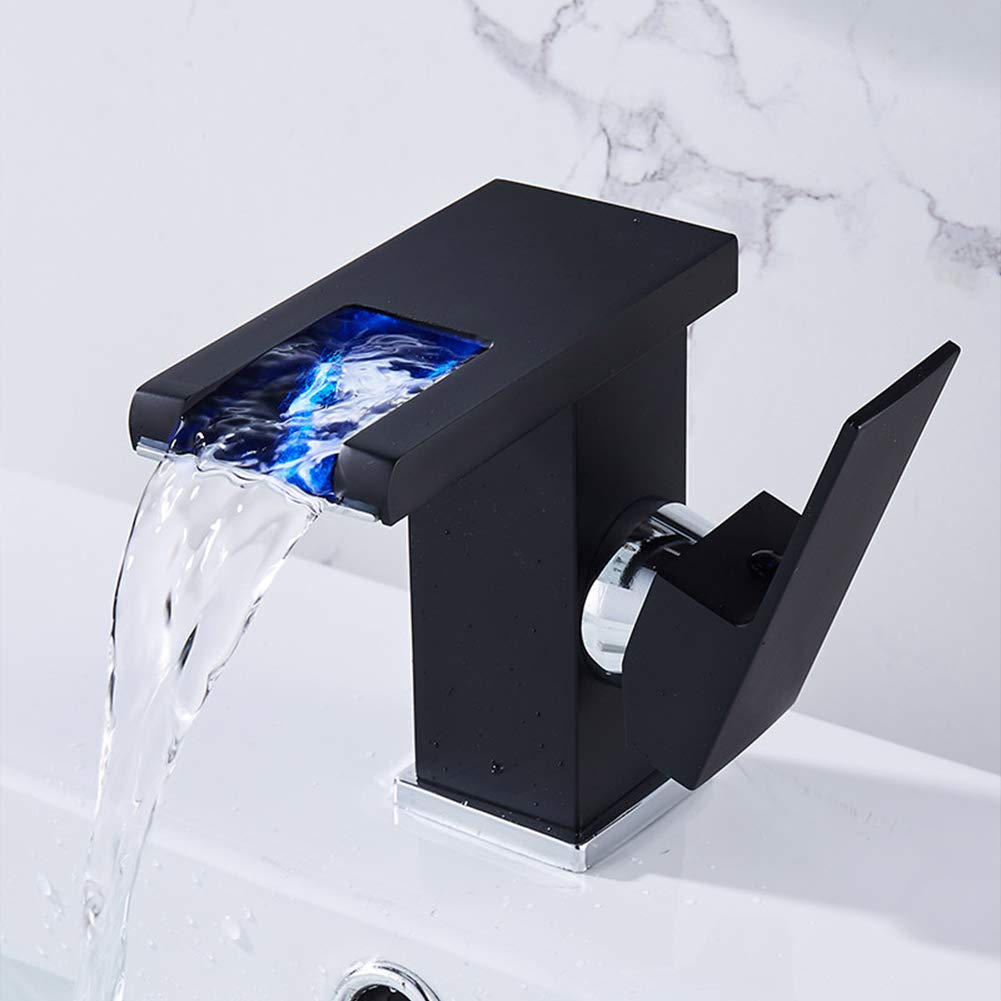 CZYWKDDPP Basin Waterfall Tap, Bathroom Mixer Tap Modern LED Black Single Lever Countertop Hot and Cold Water Faucet, Copper Hole Washbasin Suitable for Toilet,