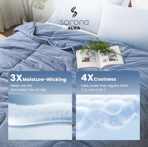 Amélie Home Cooling Comforter Queen Size, Dual-Sided Lightweight Cooling Blanket for Hot Sleepers, Q-Max 0.43 Breathable Cooling Quilt for Night Sweats, 90" x 90", Heather Denim Blue