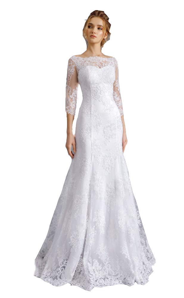 Snow Lotus Vestito da cerimonia nuziale della sirena del merletto delle donne con 3/4 maniche abiti da sposa sweep treno sottile abbigliamento da sposa