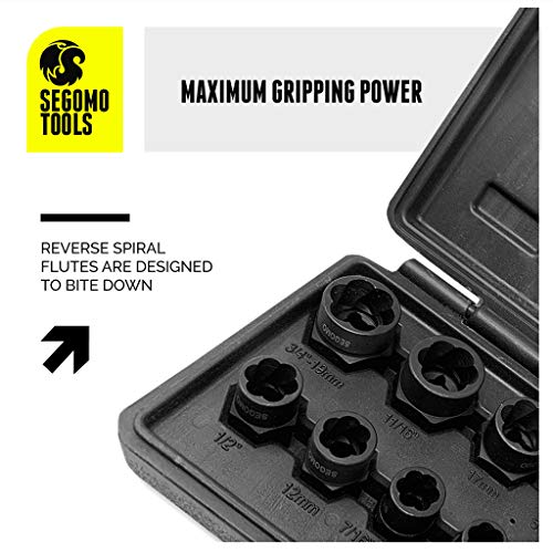 Segomo Tools 13 Piece Lug Nut and Bolt Extractor Removal Metric and SAE Socket Tool Set 8 - 19mm - Thumbnail 6