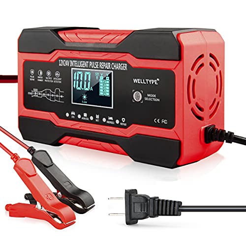WELLTYPE 12V/10A 24V/5A Smart Battery Charger Pulse Repair Maintainer with Touch LCD Dispaly for Car, Truck, Motorcycle, Boat, SUV, ATV