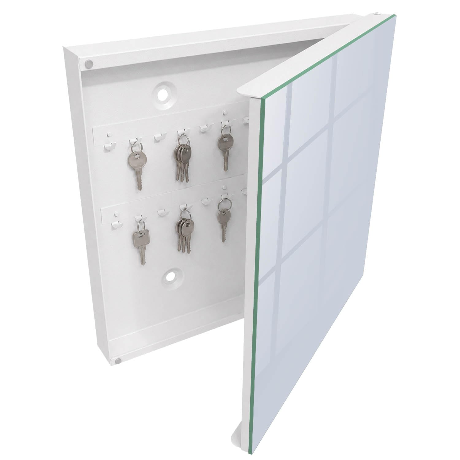 Armadietto Portachiavi 30x30 cm | Bianco | A Destra | Montaggio a Parete | Grigio Blu | per Uffici | in Metallo | Tasselli e Viti Inclusi | Frontale Decorativo in Vetro Temperato