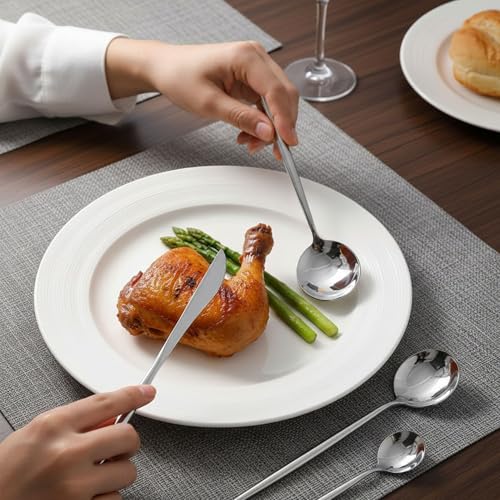Image of 5 Pcs Silver Cutlery Set for Dining Table the Perfect Lightweight Silim Handle Tableware Including Dinner Spoon, Dinner Fork, Dinner Knife, Dessert Spoon & Dessert Fork