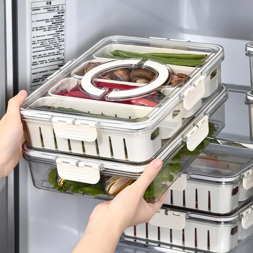 Image of Divided Veggie Tray Fridge Storage Box With Lid And Handle, 4 Compartments Fridge Organizer Divider Draining Crisper Containers For Fruit, Vegetable, Salad, Airtight Container Box (4 Compartment)