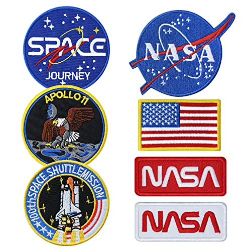 7pcs NASA Patch Iron On Patches Space Badge Sew On Space Shuttle Embroidered and US Flag Patches for Jackets Backpacks Caps Hats Bags Clothing