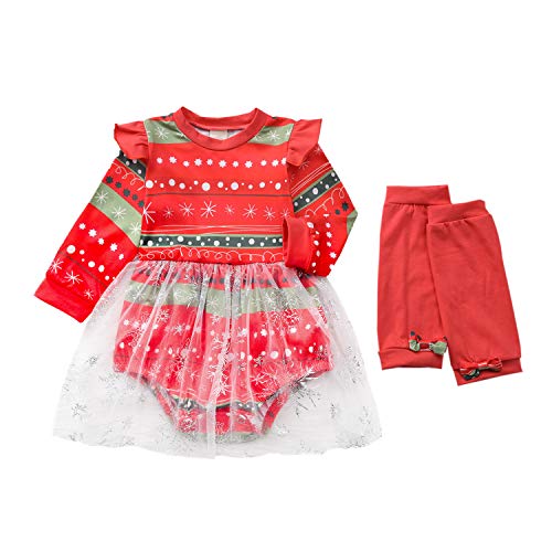 Preisvergleich Produktbild T TALENTBABY Weihnachten Neugeborenen Mädchen Outfits Tutu Prinzessin Rüschenspielanzug mit Chiffon Tutu Rock + Bowtie Beinwärmer 2 STÜCKE Neugeborenen Kleidung Set, Rot Grün, 3-6 Monate