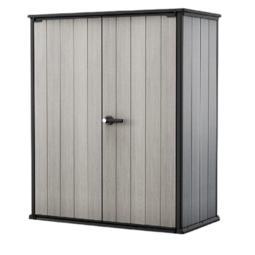 Keter Premier - Cobertizo de almacenamiento alto de resina para exteriores de 4 x 5 pies con soportes de estantería para muebles de patio, accesorios de piscina y bicicletas, color gris y negro