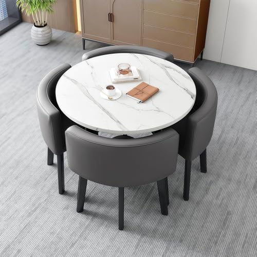 Générique Ensemble Table Salle à Manger avec 4 Chaises, Chaise Confortable en Cuir synthtétique, Table Ronde 80cm, Cadre en Acier, Idéal pour Les Petits...