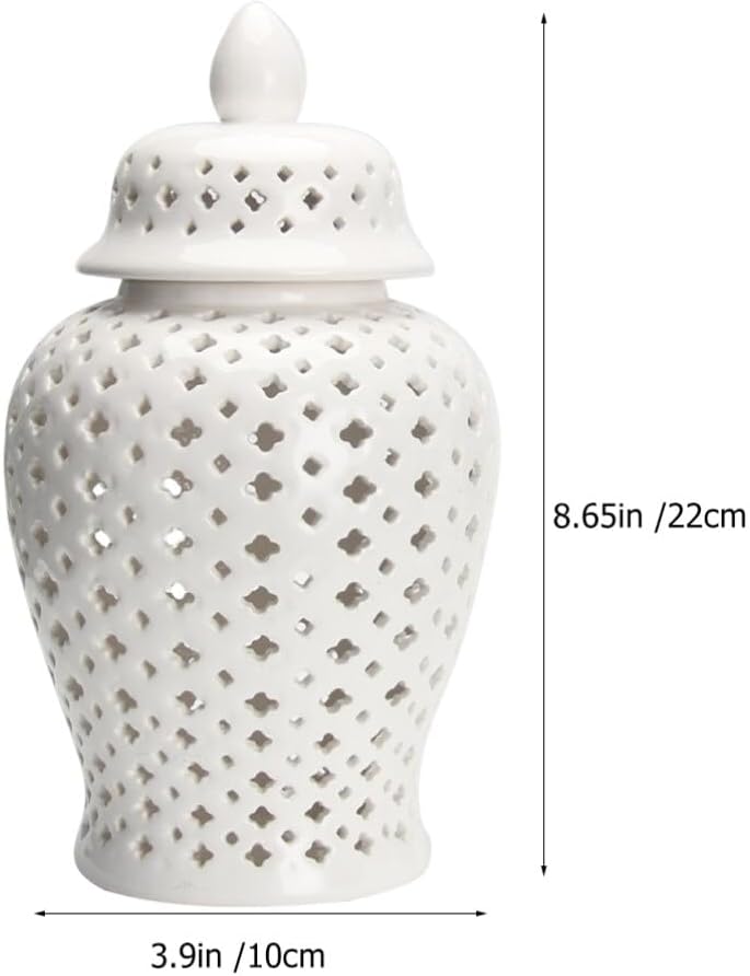 Kichvoe Hollow Out White Ceramic Ginger Jar with Lid 8.26 Inch Decorative Flower Vase Storage Canister for Home Wedding Party Accent