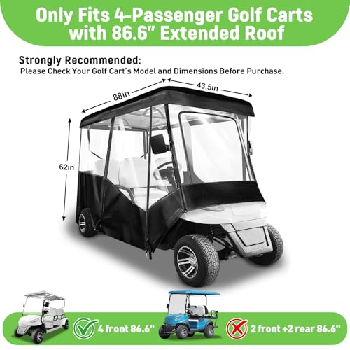 SUVQWJT Golf Cart Enclosure 4 Passenger for 86-88\" Roof, 600D Waterproof Driving Rain Cover, Replace for Yamaha/Club Car/EZGO, Roll-Up Door, 4-Sided Clear PVC Windows, Tail Light Visible