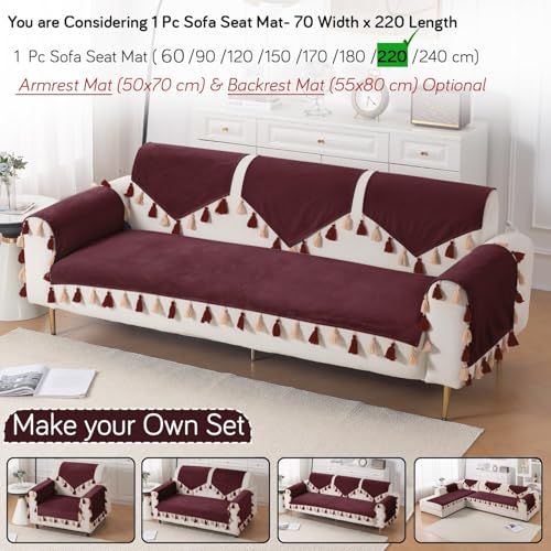 Image of HOKIPO Premium Holland Velvet Sofa Cover with Tassel for 1 /2 /3 Seater & L Shape Sofa | Make Your Own Set, 'TasselTone Series' Sofa Mat, 70(W) x 220(L) cm, Wine Red (NEW-IN-1110-MRN)