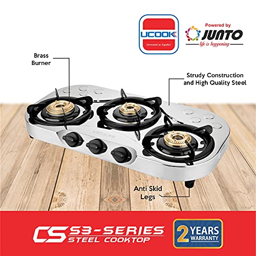 Image of UCOOK JUNTO Manual Stainless Steel Mid Delux 3B Series 3 Burners Gas Stove Stainless Steel Cooktop, Steel Grey