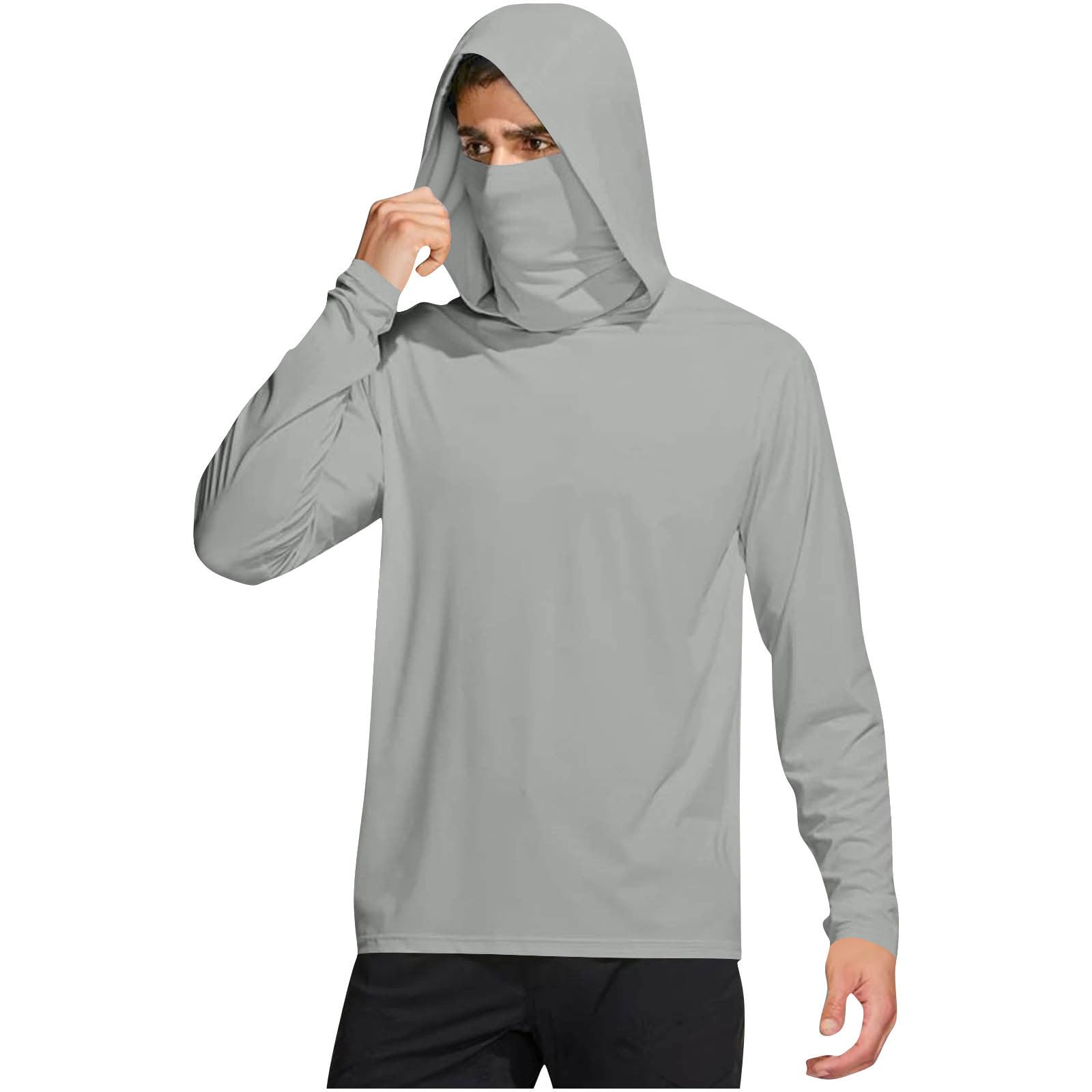 Mens UPF 50+ Sun Protection Shirt with Mask Lightweight Long Sleeve Hooded Cooling Hiking Fishing Performance Shirts