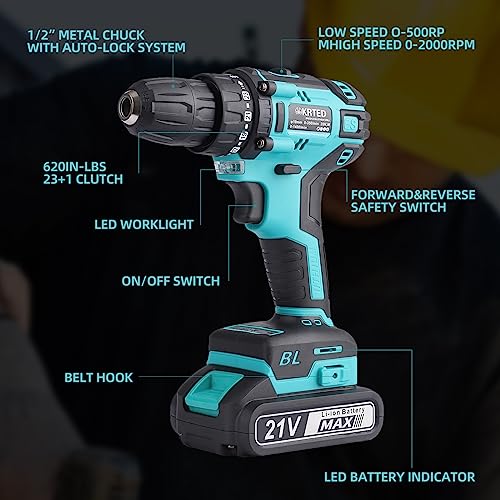 KRTED 21V Max Cordless Drill/Driver Kit, Electric Power Drill Set with 2 Batteries & Charger, 3/8” Keyless Chuck, 2 Variable Speed,With LED Work Light - Image 3