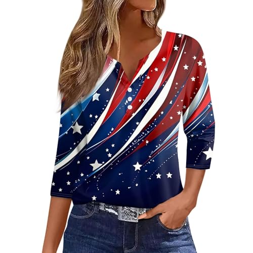 Image of 4th of July Shirts Women 3 /4 Length Sleeve Womens Tops Henley Neck Casual Patriotic T Shirts