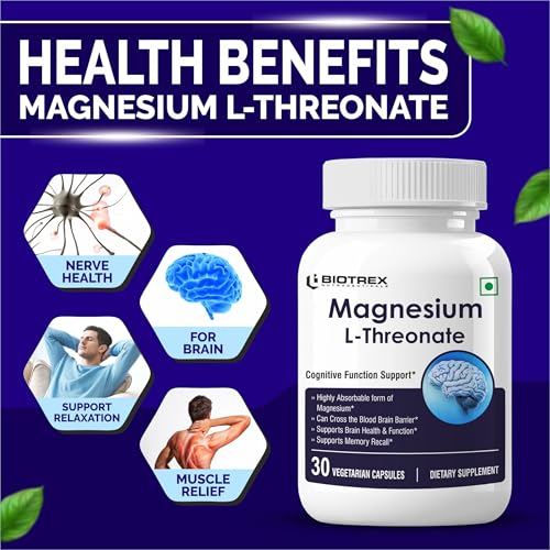 Image of Biotrex Nutraceuticals Magnesium L Threonate 2000mg Per Serving | Better sleep, Cognitive Support & Quick Thinking | Brain & Memory Function | Most Bioavailable Form of Magnesium | 30 Vegetarian Capsules