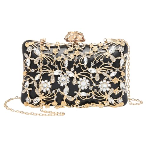 Sac de soirée rigide noir pour femme pochette de mariage à strass et chaîne amovible
