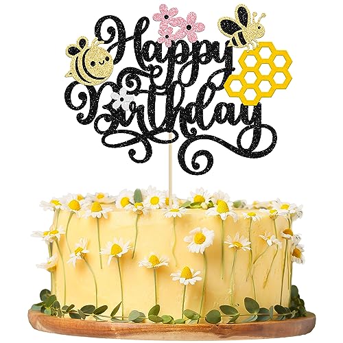 1 Pack Happy Bee Day Cake Topper Bumble Bee Happy Birthday Cake Decoration for Bee Theme Baby Shower Kids Boys Girls Birthday Party Cake Decorations Supplies Black