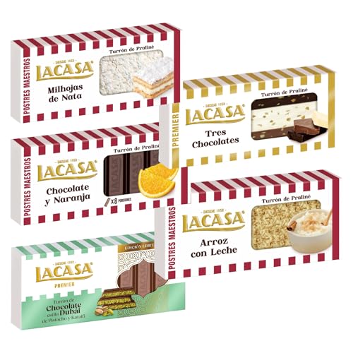 Pack Surtido 5 Turrones Lacasa:Arroz con Leche, Cacao y Naranja, Milhojas de Nata, Tres Chocolates, Chocolate estilo Dubai con Pistacho y Kataifi