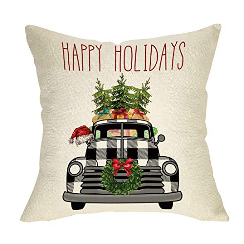 Fbcoo Happy Holidays Christmas Throw Pillow Cover, Xmas Tree Decorative Cushion Case Buffalo