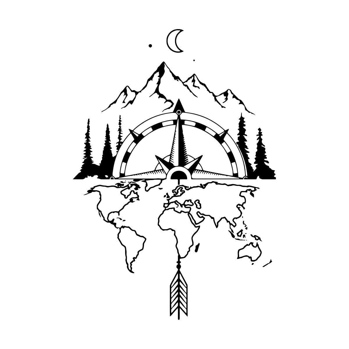 Lzhouting Wall Stickers 2940 World Map Compass Camper Rv Wall Sticker Travel Mountain Moon Forest Arrow Motorhome Suv Adventure Wall Decal Camping Large - 46X67cm