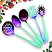 HOMQUEN Stainless Steel Kitchen Utensil Set - 5 Cooking Utensils, Rainbow Color Nonstick Kitchen Utensils Set, Colorful Titanium Plated Set Kitchen Tools Gadgets