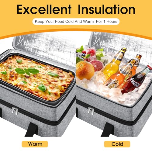 MIAOJIE Double Insulated Casserole Carrier, Portable Casserole Carrier for Hot or Cold Food Lunch Tote Warmer or Cooler Bag, Lasagna Lunch Bag for Potluck Parties- Fits 9" x 13" Baking Dish-Grey: Home & Kitchen - view 3