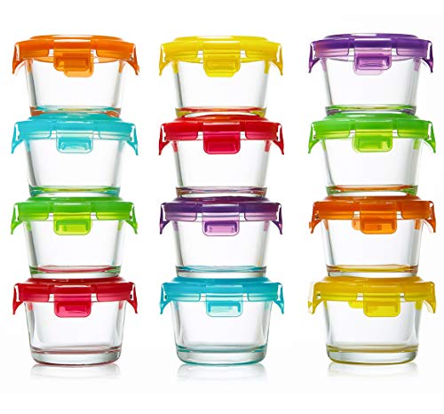 Image of lunchley Glass Food Storage Container 4 oz | Set of 12 | Small Food Jars with Airtight BPA Free Plastic lids | for Food Portion, Dips, Sauces & Overnight Oats | Freezer, Microwave & Dishwasher Safe
