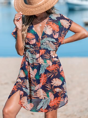 Image of CUPSHE Women's Swimsuit Coverup Casual V Neck Beach Dress Short Sleeve Elastic Waist Swimwear Cover Ups 2026 Beachwear