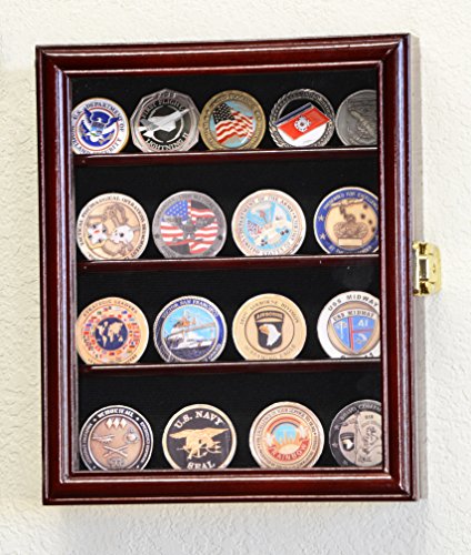 XS Military Challenge Coin Display Case Cabinet Holder Rack Box w/UV Protection -Cherry Finish