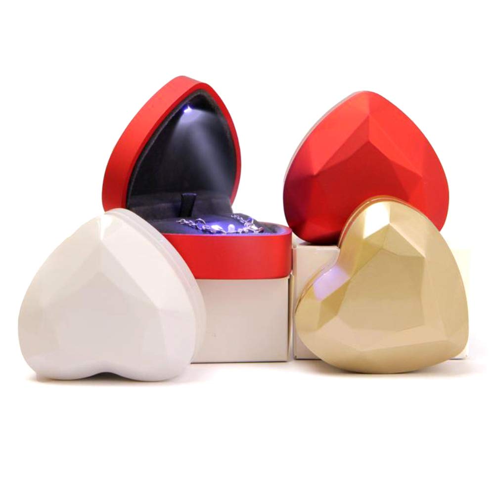 Porta Anello di Fidanzamento a Forma di Cuore con Luce LED, Scatola portaoggetti per Gioielli, Regalo di San Valentino, Rosso