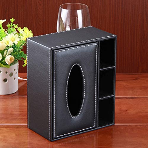 PU-Leder Taschentuchbox Household Office Rechteckige Tissue Box mit Remote-Aufbewahrungsbox Serviettenhalter für zu Hause Schreibtisch-Aufbewahrungsbox, Schwarz