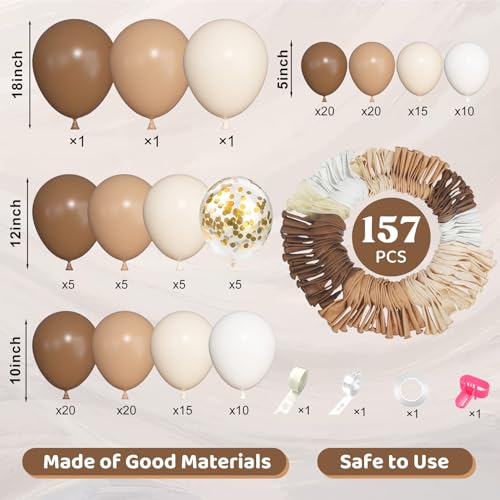 Image of Ouddy Life 157 Pcs Brown Balloons Garland Arch Kit, Beige Nude Neutral White Gold Confetti Different Size Balloon for Birthday Teddy Bear Baby Shower Neutral Woodland Wild One Wedding Party Decoration