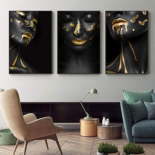 Peinture sur toile de mode déco salon affiche femme noire et or affiche moderne sans cadre