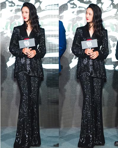 Women's Suit Sequins Single Breasted Button Jacket Pants Set for Party Night 2-Piece Tuxedos2