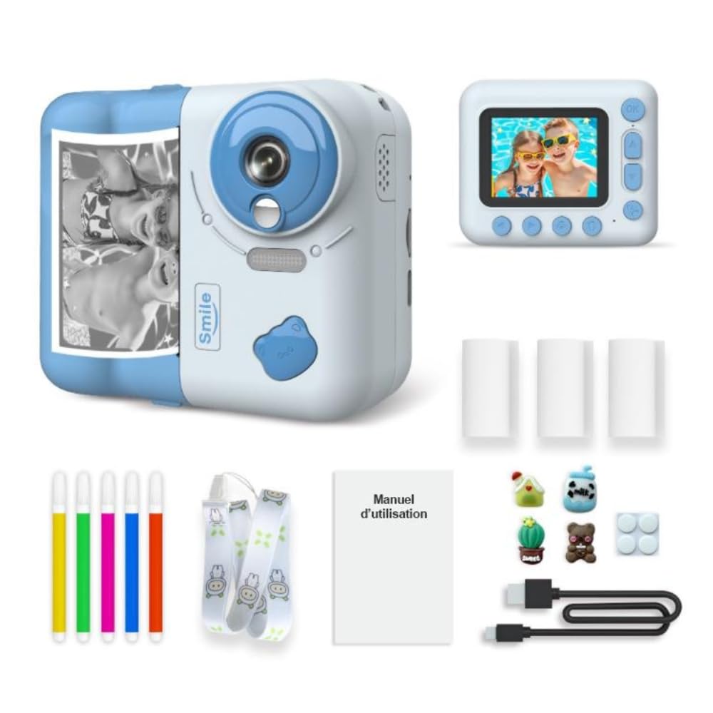 Cámara infantil de impresión instantánea, 48 MP, vídeo de 1080p, pantalla de 2,4 pulgadas, azul, con juegos y reproductor de audio, 3 rodillos incluidos