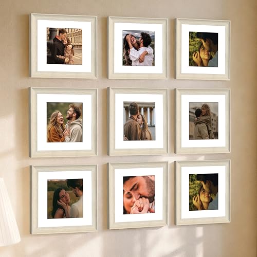 Image of Art Street Wooden Photo Frame for living room, Aesthetic Cave Design Photo Frames for Photograph, Art Work, Certificates Set of 9 (8x8 Inch, White)