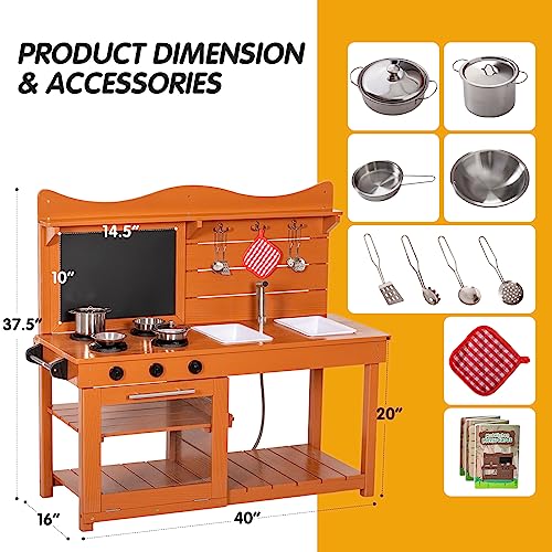 BRINJOY Kitchen Playset for Kids, Outdoor Wooden Mud Kitchen Set w/2 Removable Sinks & Spray Pipe, Backyard Garden Toddler Pretend Play Kitchen w/Blackboard, Kitchenware, Stove, Gift for Boys Girls