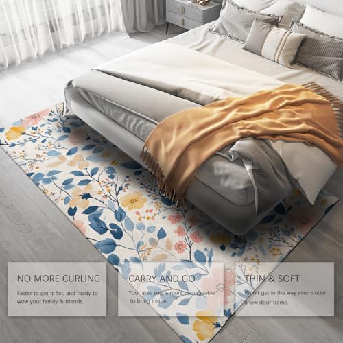 Tapis 100x150cm antidérapant fleuri bleu pour chambre - 5