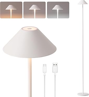 Rechargeable Floor Lamp for Indoor/Outdoor, Cordless Tall Standing Lamp with 3 Color Temps & Dimmable, IP43 Waterproof, Adjustable Height 16-59 Inch, LED Floor Lamp for Living Room,Patio(White)
