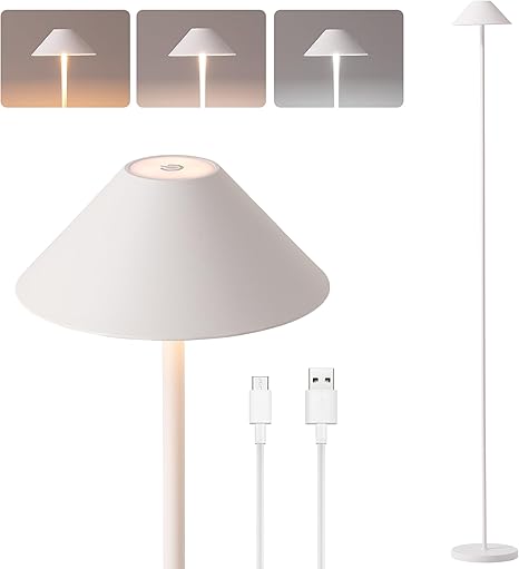Rechargeable Floor Lamp for Indoor/Outdoor, Cordless Tall Standing Lamp with 3 Color Temps & Dimmable, IP43 Waterproof, Adjustable Height 16-59 Inch, LED Floor Lamp for Living Room,Patio(White)