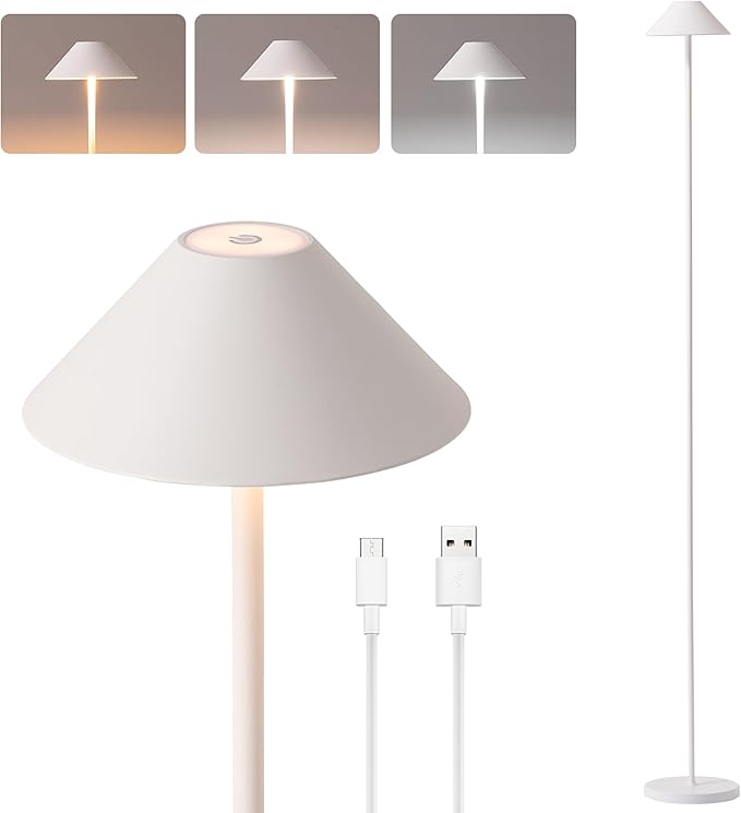 Rechargeable Floor Lamp for Indoor/Outdoor, Cordless Tall Standing Lamp with 3 Color Temps & Dimmable, IP43 Waterproof, Adjustable Height 16-59 Inch, LED Floor Lamp for Living Room,Patio(White)