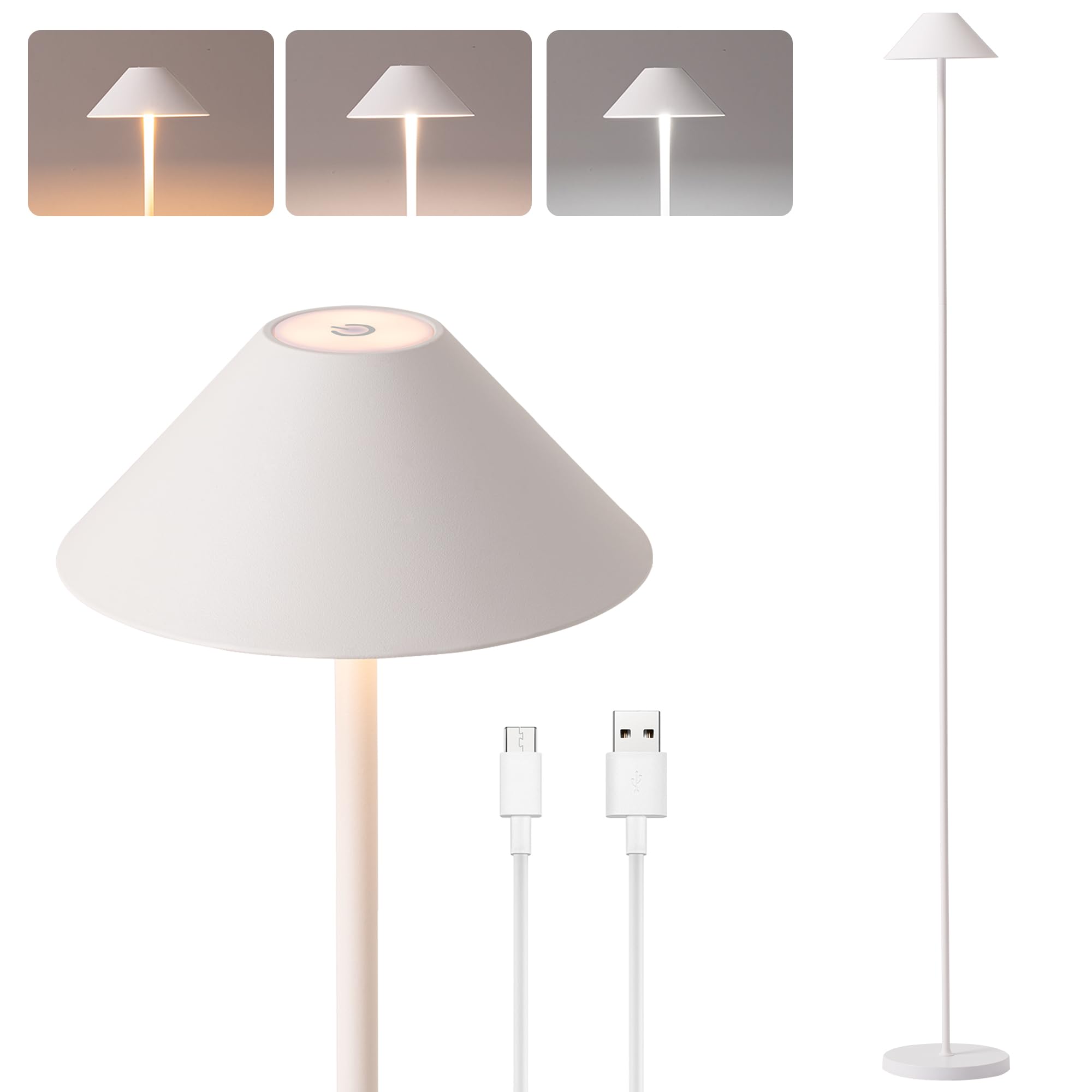 Rechargeable Floor Lamp for Indoor/Outdoor, Cordless Tall Standing Lamp with 3 Color Temps & Dimmable, IP43 Waterproof, Adjustable Height 16-59 Inch, LED Floor Lamp for Living Room,Patio(White)