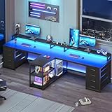 SEDETA 94.5' 2 Person Gaming Desk, Long Office Computer Desk with 8 Drawers & LED Light, Two Person Desk with Storage, Power Strip & Monitor Shelf for Home Office, Black