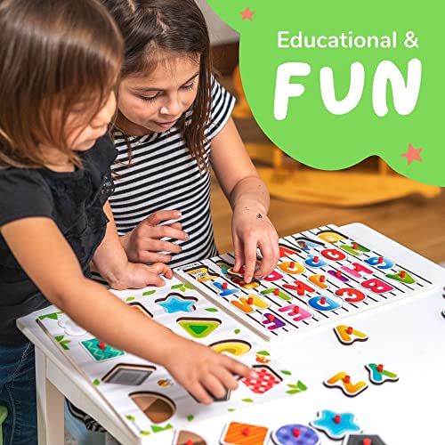 Toyventive Wooden Peg Puzzles For Toddlers – 6 Pack With Wire Puzzle Holder Rack For Kids, Learning Preschool Wood Knob Puzzle Toys For Boys And Girls - Alphabet Number Animal Vehicle Shape Fruit #TOP5