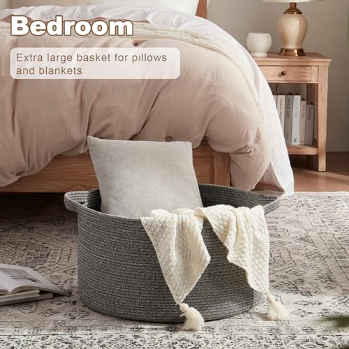 OIASKET Large Woven Baskets for Storage, 22.8\" x 22.8\" x 13\" Blanket Basket Living Room, Baby Toy Storage Basket, Big Laundry Basket for Clothes, Pillows, Towels, Shoe Basket for Entryway (Dark Grey)