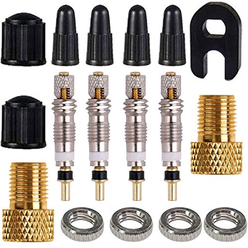 TuoTu Presta Valve Cores & Caps Kit, Schrader Adapter, Universal Fit for Bicycle & Car, Black & Gold, 15Pcs