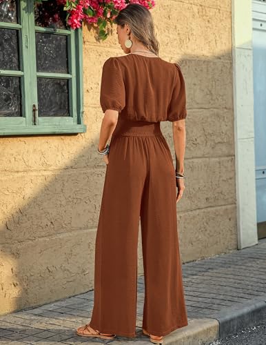 Womens Jumpsuits Short Sleeve V Neck Dressy Casual Wide Leg Pants Romper 2026 Summer One Piece Outfits - Image 4