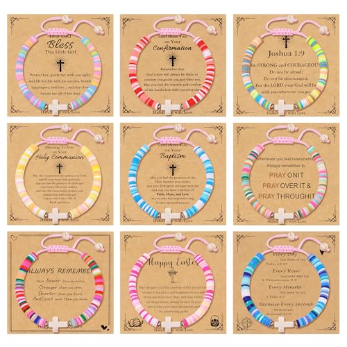 WAINIS 9Pcs Cross Bracelets Religious Christian Gifts for Women Trendy Stuff Adjustable WWJD Jesus Bracelets Catholic Communion Easter Graduation Bless Jewelry Gift
