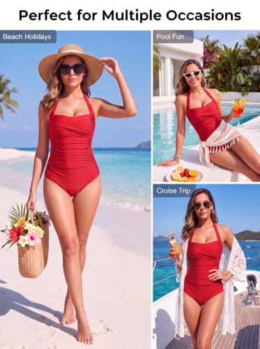 Image of Smismivo Tummy Control Swimwear Halter One Piece Slimming Vintage Retro Swimsuit Womens Ruched Push Up Bathing Suit